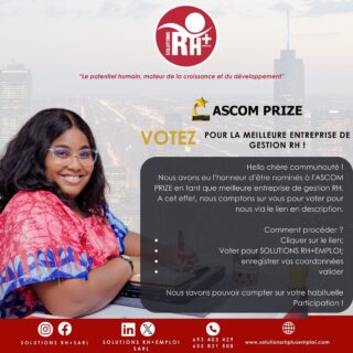 ✨Hello chère communauté !

Nous avons eu l’honneur d’être nominés à l’ASCOM PRIZE en tant que meilleure entreprise de gestion RH. 

⭐️A cet effet, nous comptons sur vous pour voter pour nous via le lien : 🔗 https://www.vote.ascomprize.com/c/meilleure-entreprise-de-gestion-rh 👍🏽

 📌Comment procéder ?

- Cliquer sur le lien;
- Voter pour SOLUTIONS RH+EMPLOI SARL;
- enregistrer vos coordonnées;
-valider.

Nous savons pouvoir compter sur votre habituelle Participation !

Merci

#VOTE #ASCOMPRIZE