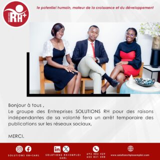 Bonjour à tous ,
Le groupe des Entreprises SOLUTIONS RH pour des raisons indépendantes de sa volonté fera un arrêt temporaire des publications sur les réseaux sociaux,

MERCI.
_____

Hello everyone,
The group of companies SOLUTIONS RH, for reasons beyond its control, will temporarily stop publishing on social networks.

THANK YOU.